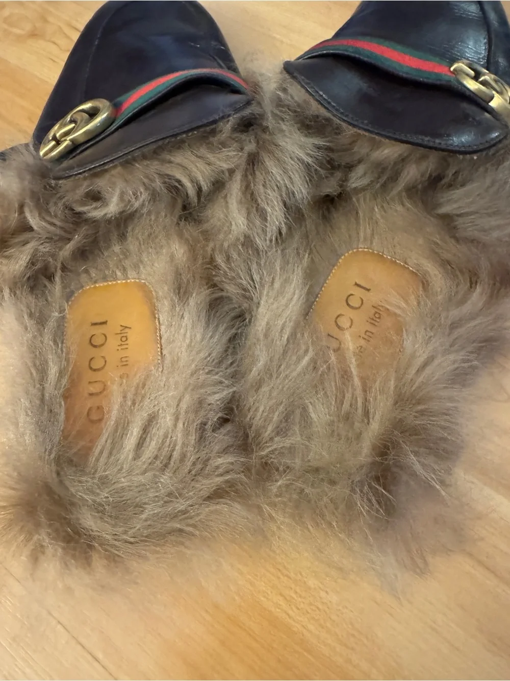 Gucci Brown Leather Fur-Lined Slip-On Loafers with Green/Red Web and Gold GG